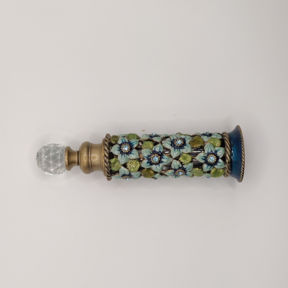 Two’s Company Perfume Bottle – Bronze Tone with Blue & Green Enamel + Crystals